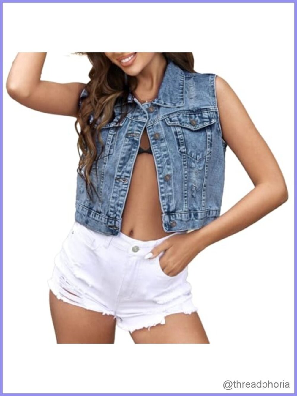 LifeShe Women's Cropped Distressed Denim Vest Sleeveless Jean Jacket Button Down